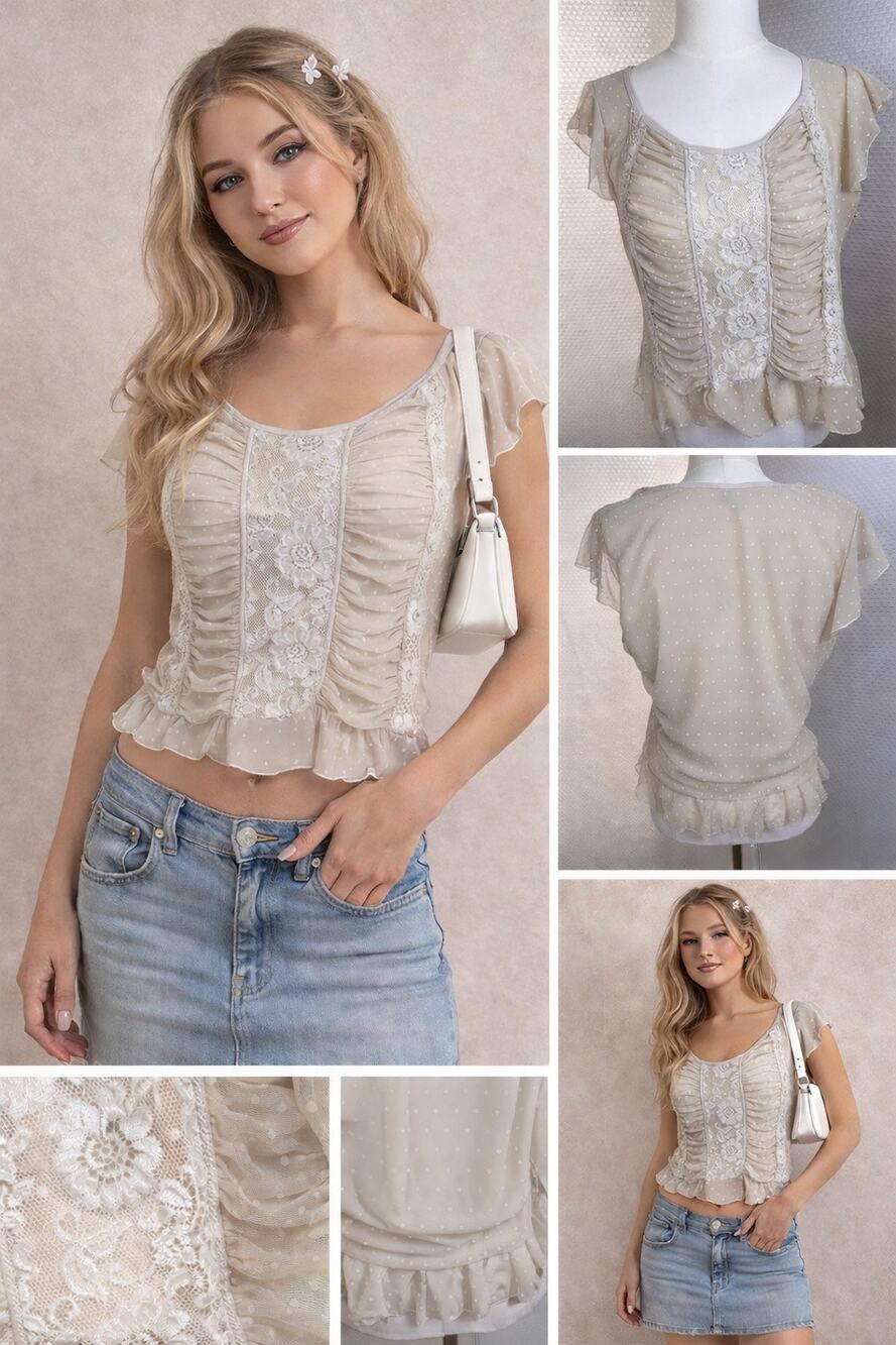 Seven 7 Top Y2K 14/16 XL beige Lace Polka Dot Flutter Sleeves Fairy Grunge